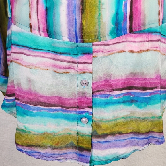 APNY Multicolor Watercolor Stripe Button Down Blouse L Roll Tab Sleeve - Picture 7 of 9